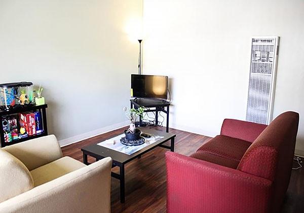 Living room with chairs, coffee table and television.